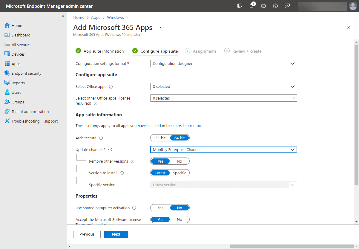 Configure the app suite including architecture and update channel