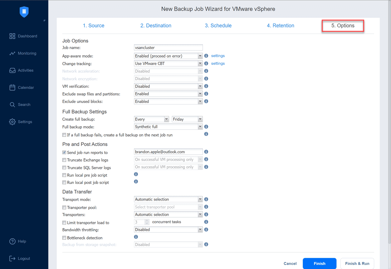 Configure the backup options for the new backup job