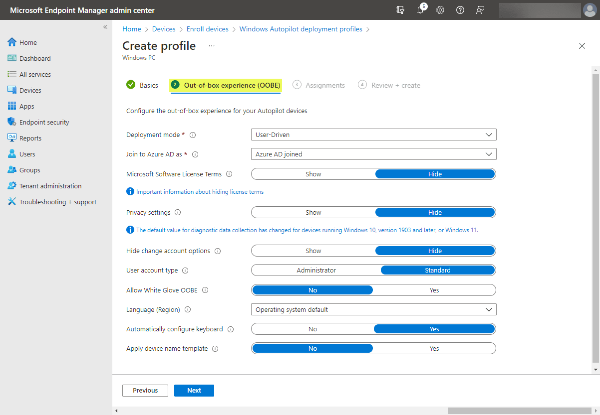 Configure the out of box experience for the deployment profile