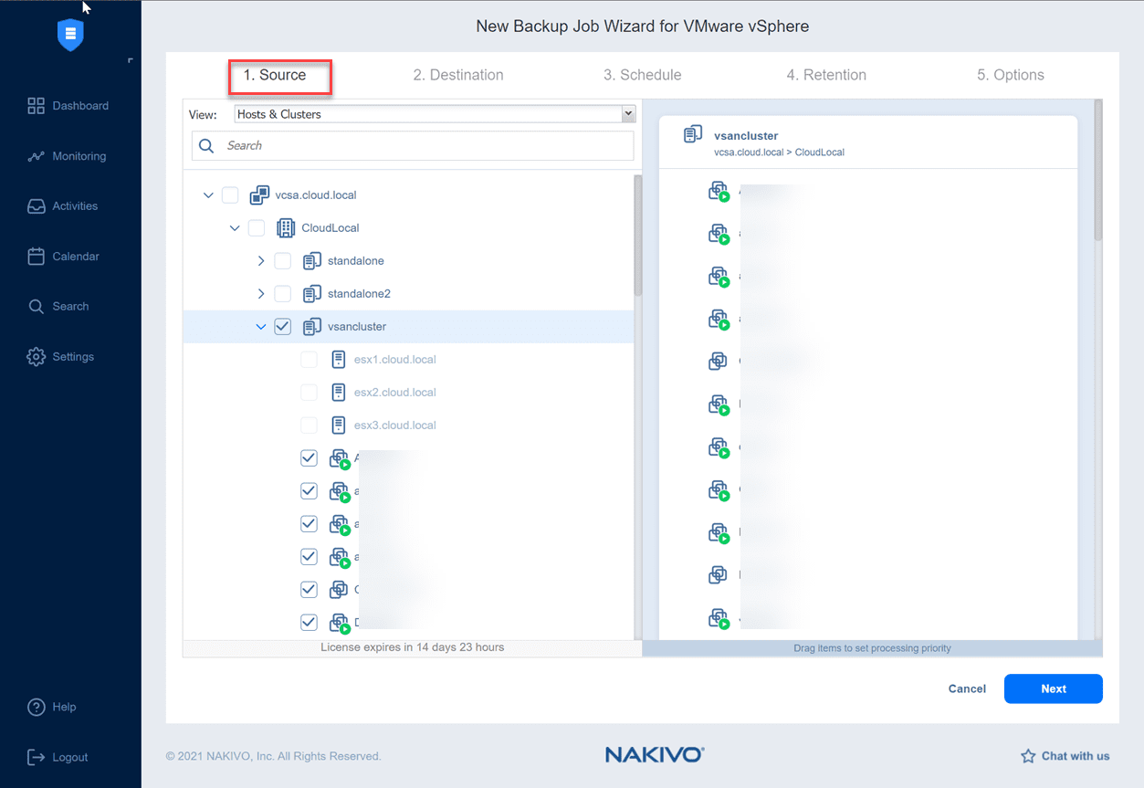 Configure the source of the backup job in NAKIVO