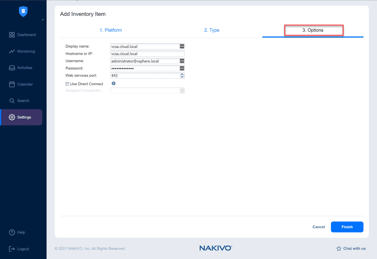 Configuring connection and login information for the virtual environment