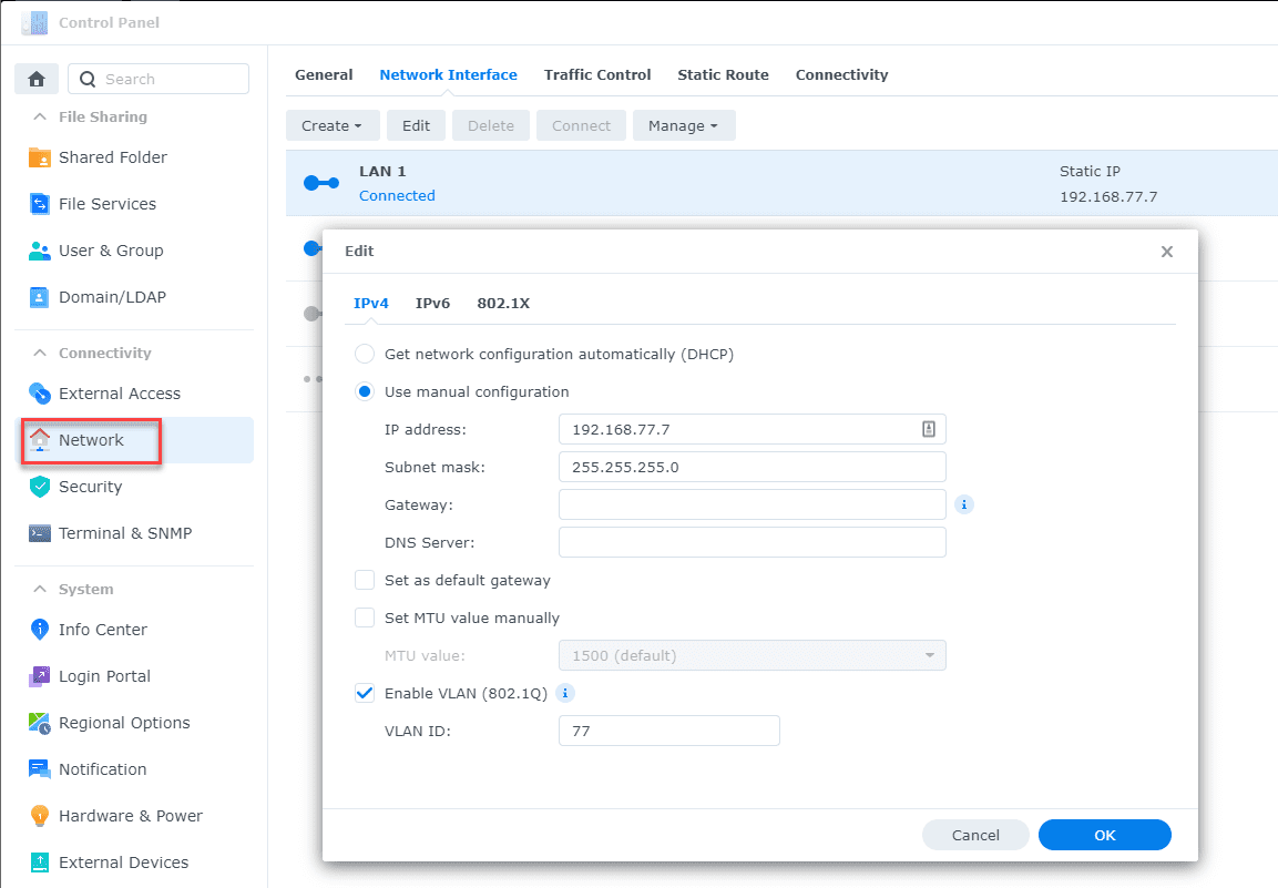 Configuring the IP address and VLAN tagging on the synology for iSCSI