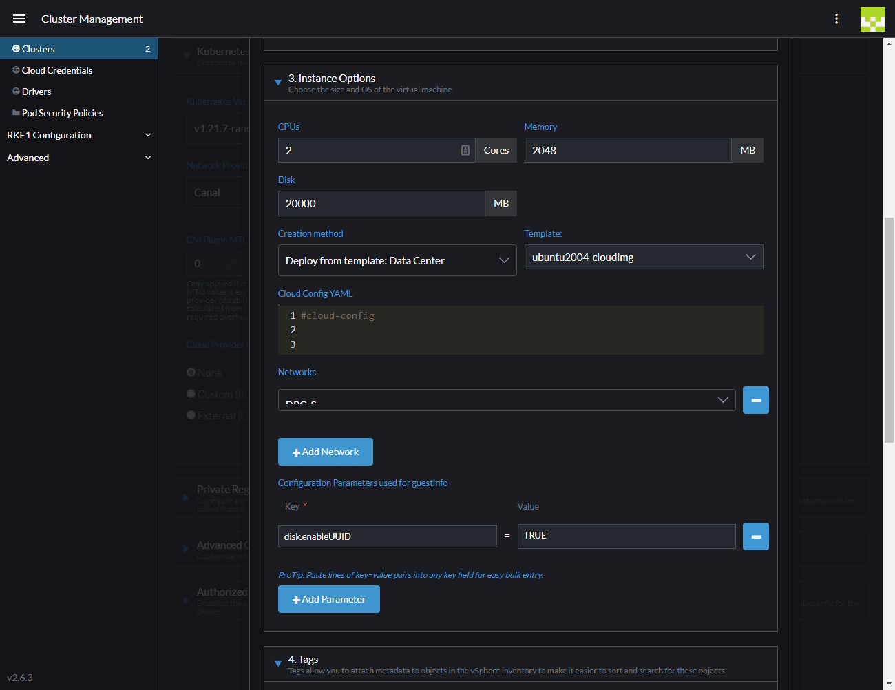 Configuring the instance options for the node template settings