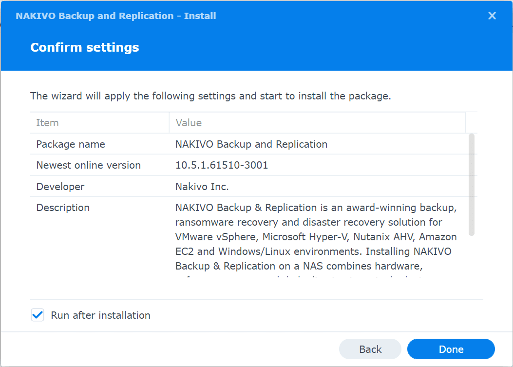 Confirm settings and run after installation