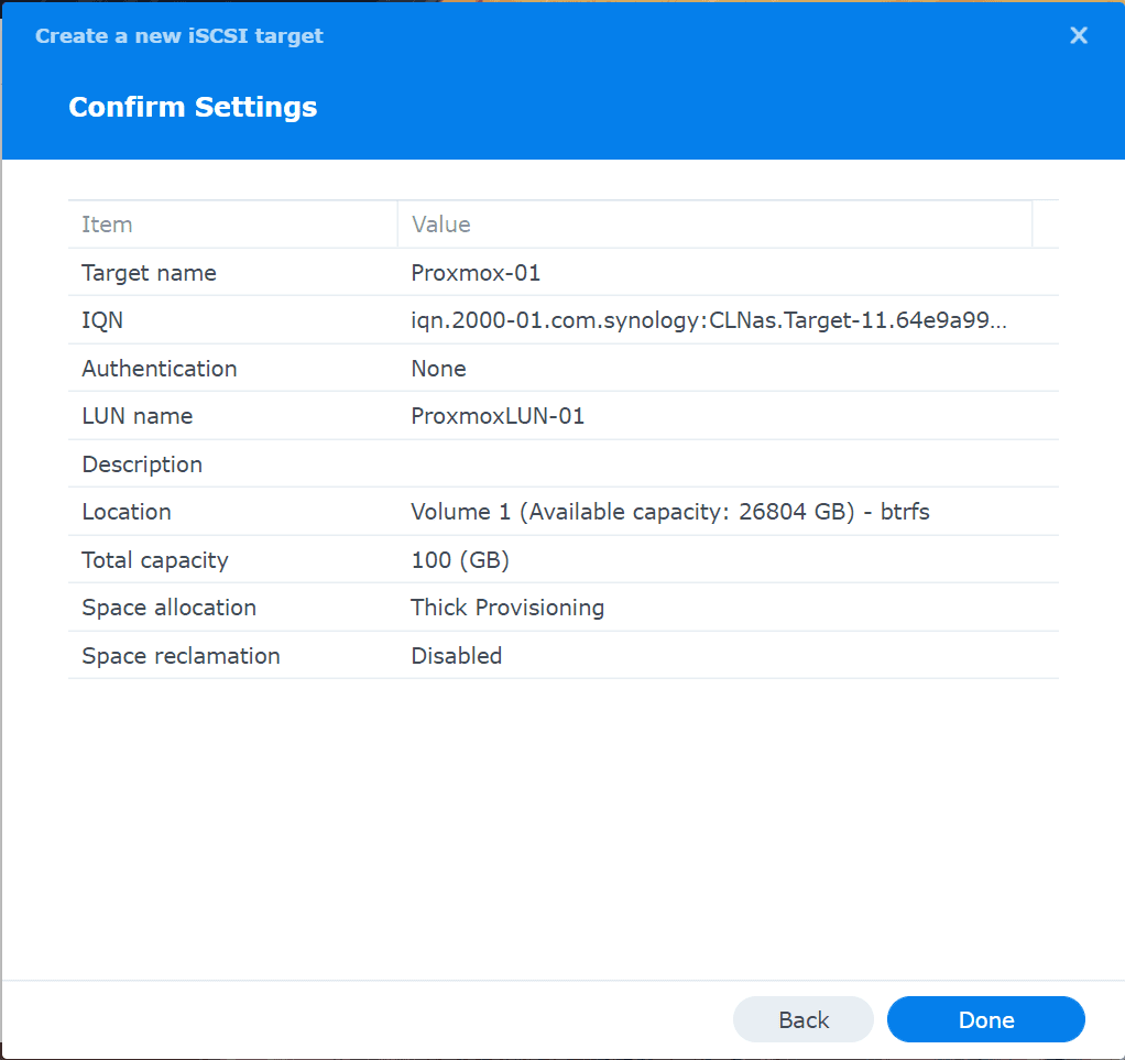 Confirm the settings for the new iSCSI target and LUN properties