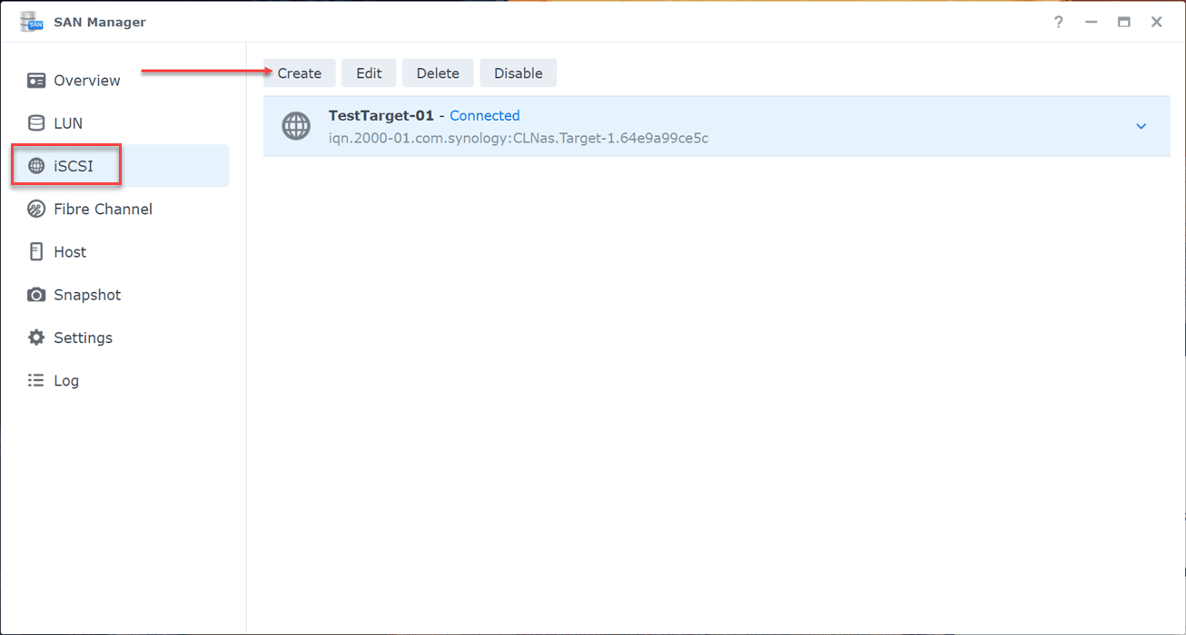 Create a new iSCSI target in the Synology SAN Manager