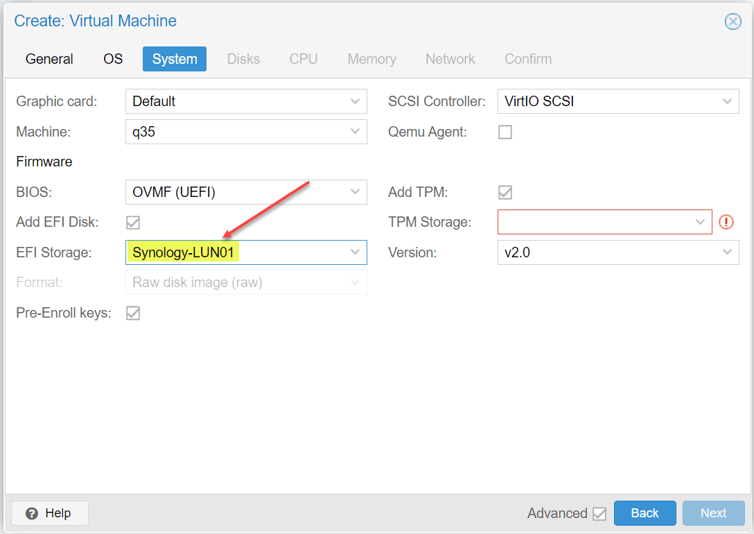 Creating a new Proxmox virtual machine you can choose the Synology iSCSI LUN