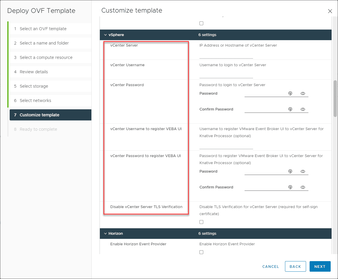 Customize the VEBA OVA template during deployment to connect to vCenter Server and register the VEBA plugin