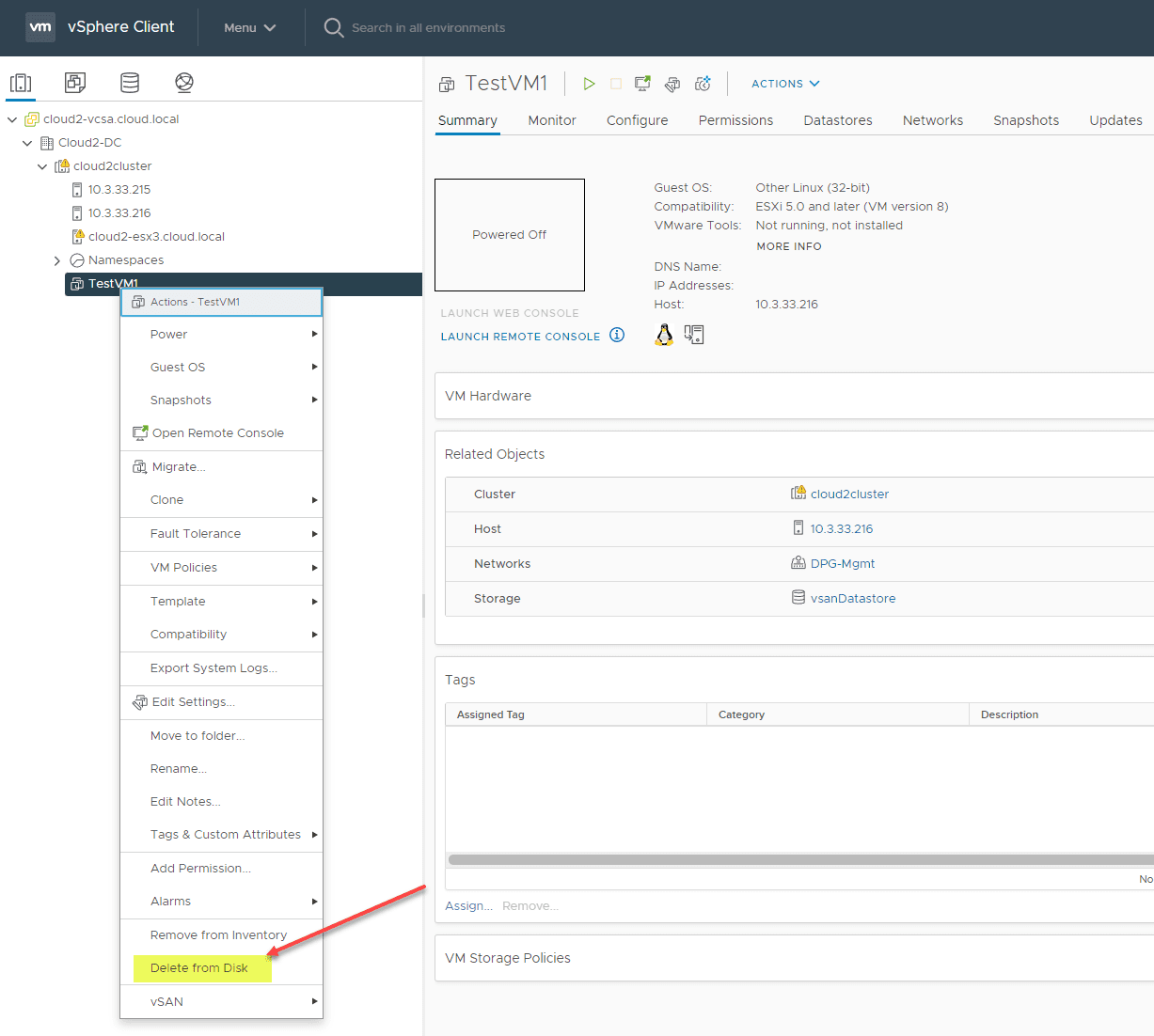 Deleting a test virtual machine to test the VEBA email function