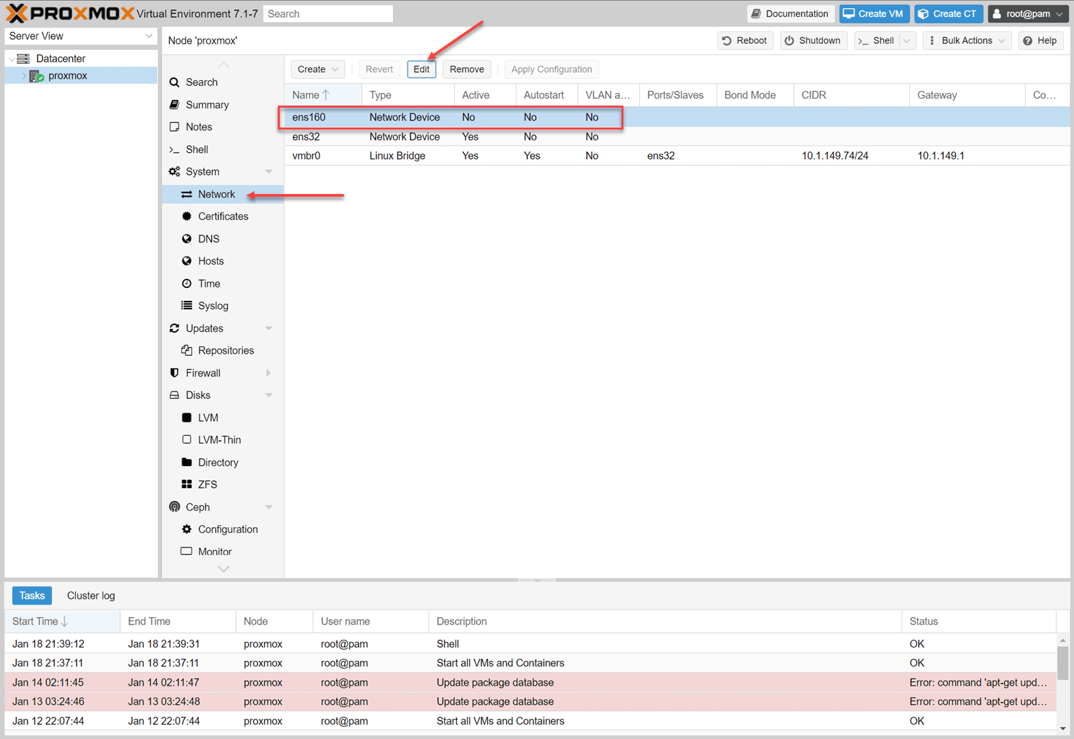 Editing the network adapter properties in Proxmox GUI