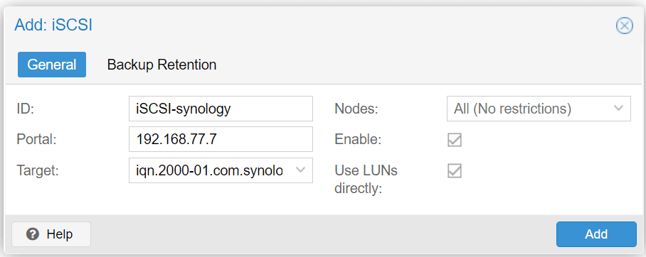 Fill in the configuration for your Synology iSCSI NAS target