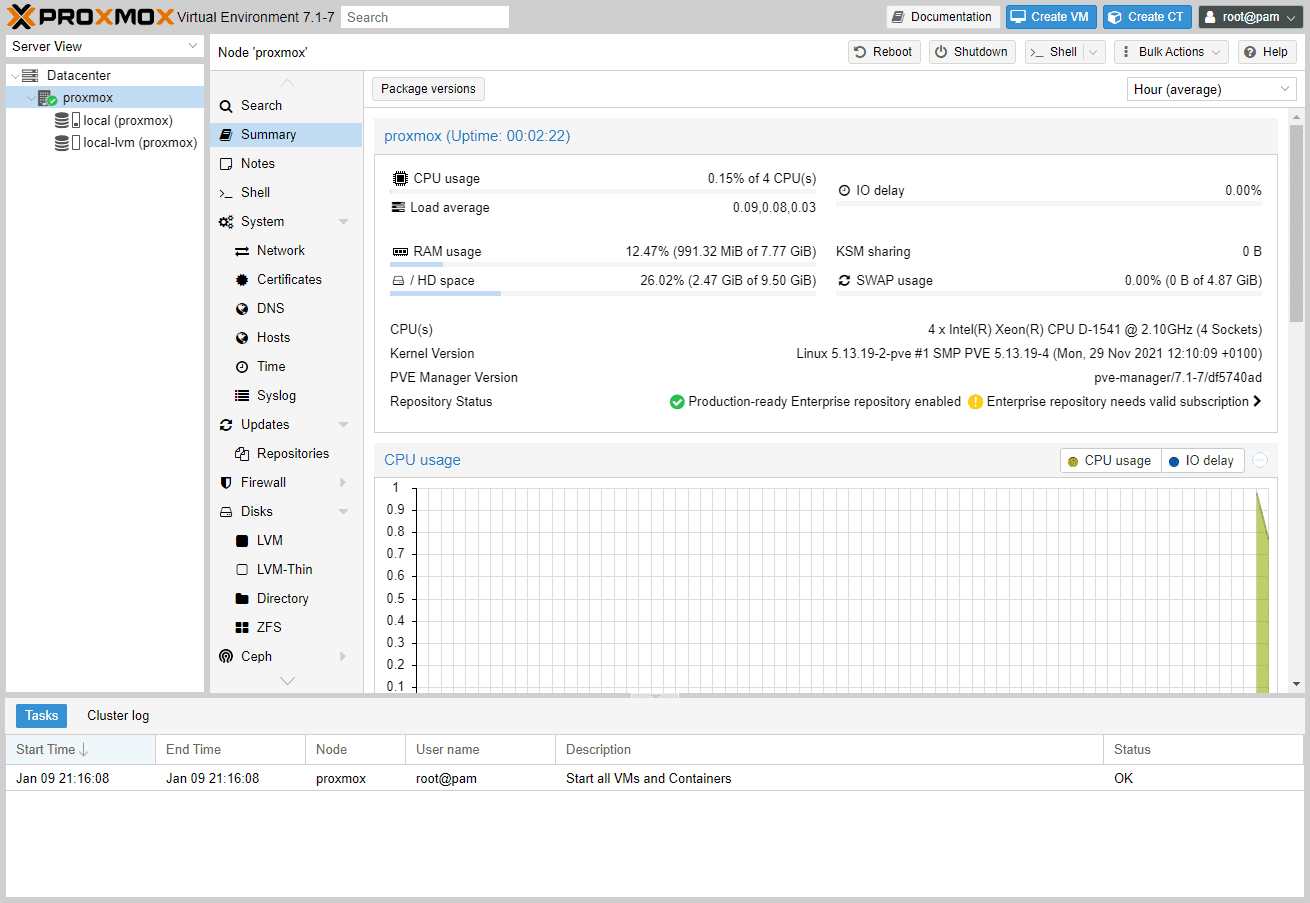 Logged into the Proxmox VE 7.1 web interface