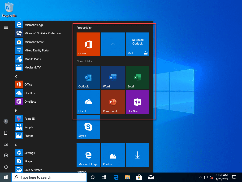 Microsoft 365 Office apps appear in the Start menu