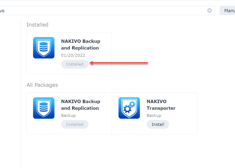 NAKIVO Backup and Replication successfully installed on the Synology NAS