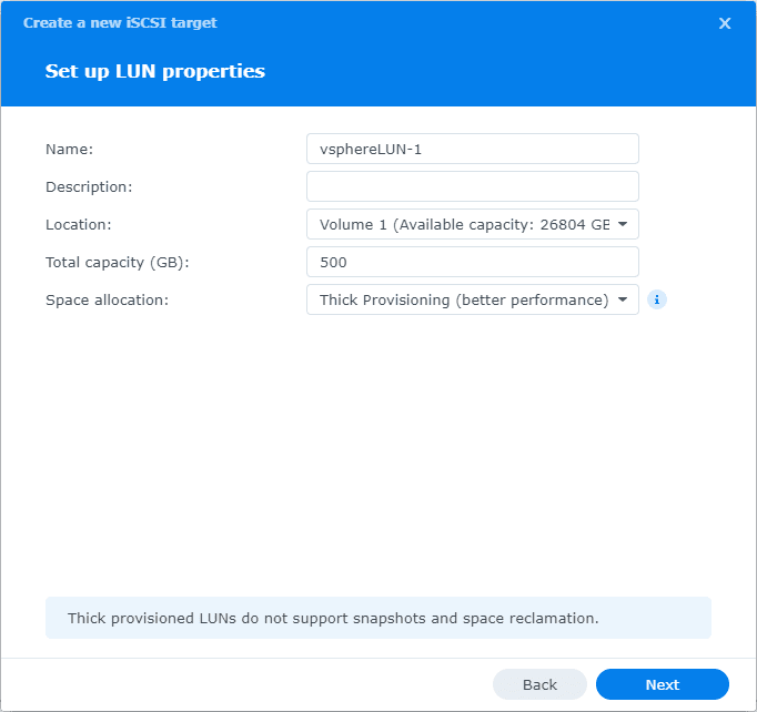 Name the LUN size and provisioning configuration