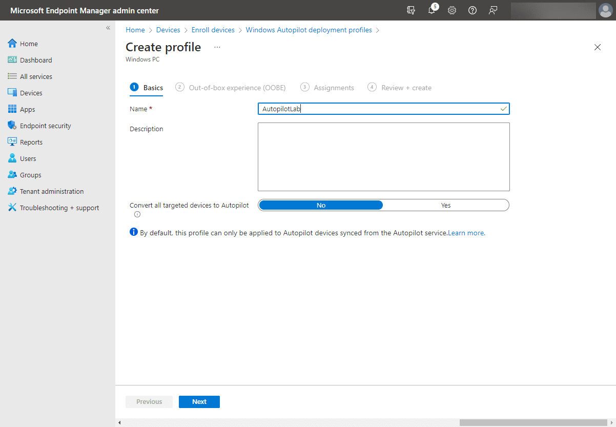 Name the deployment profile for the Autopilot lab