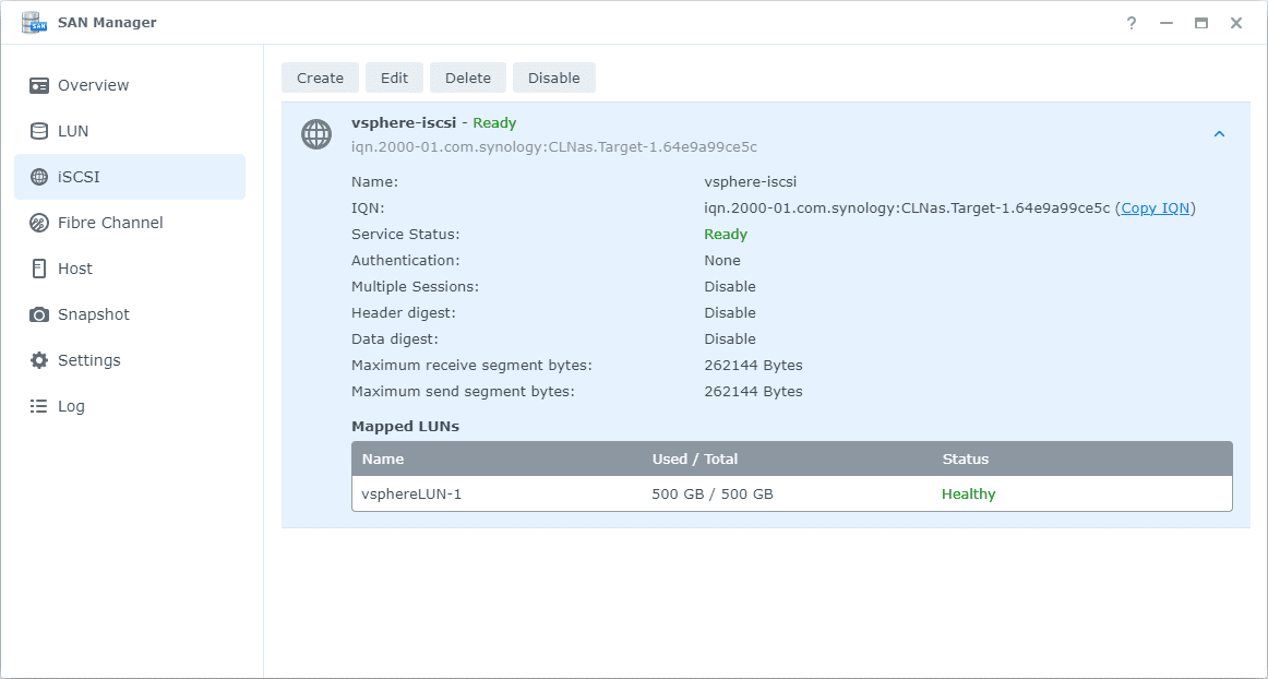 New Synology iSCSI LUN created successfully