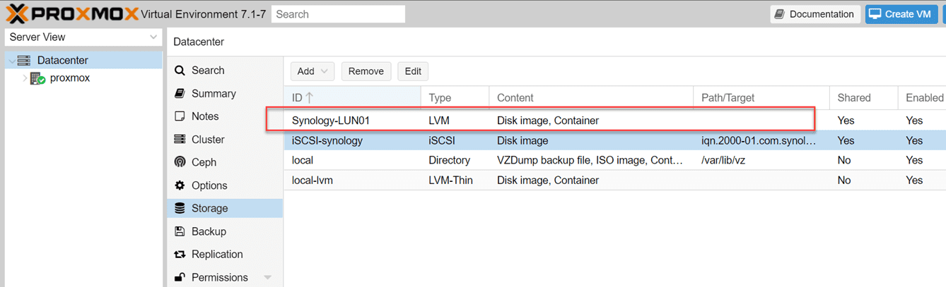 New iSCSI LUN successfully added to Proxmox