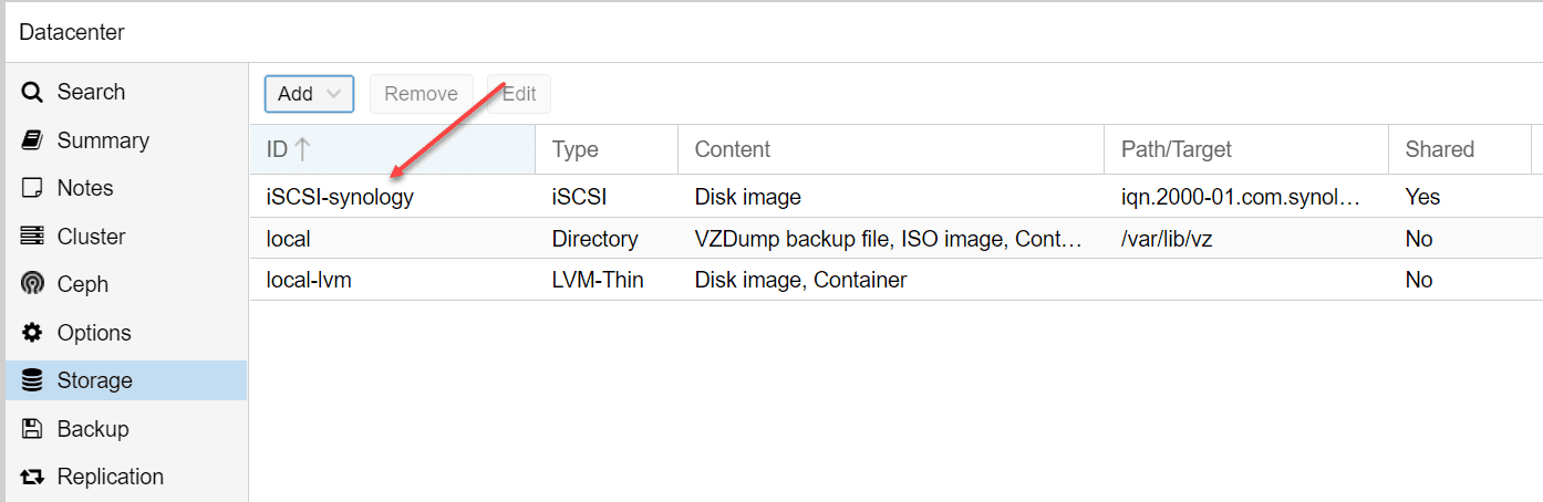 New iSCSI target has been added in Proxmox