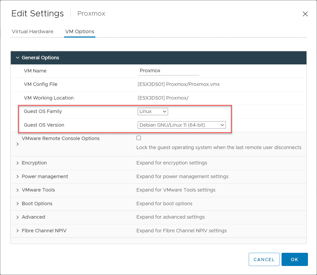 Proxmox VMware virtual machine settings