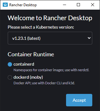 Rancher Desktop Kubernetes configuration launches