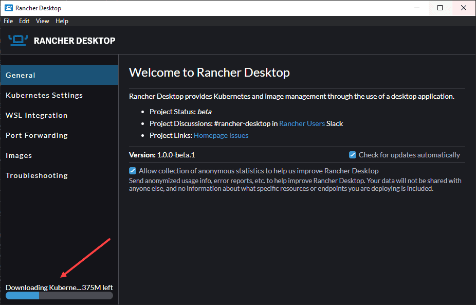 Rancher Desktop application launched and downloading Kubernetes