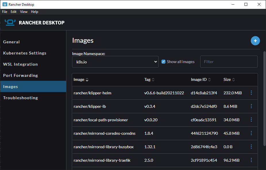 Rancher Desktop images configuration screen