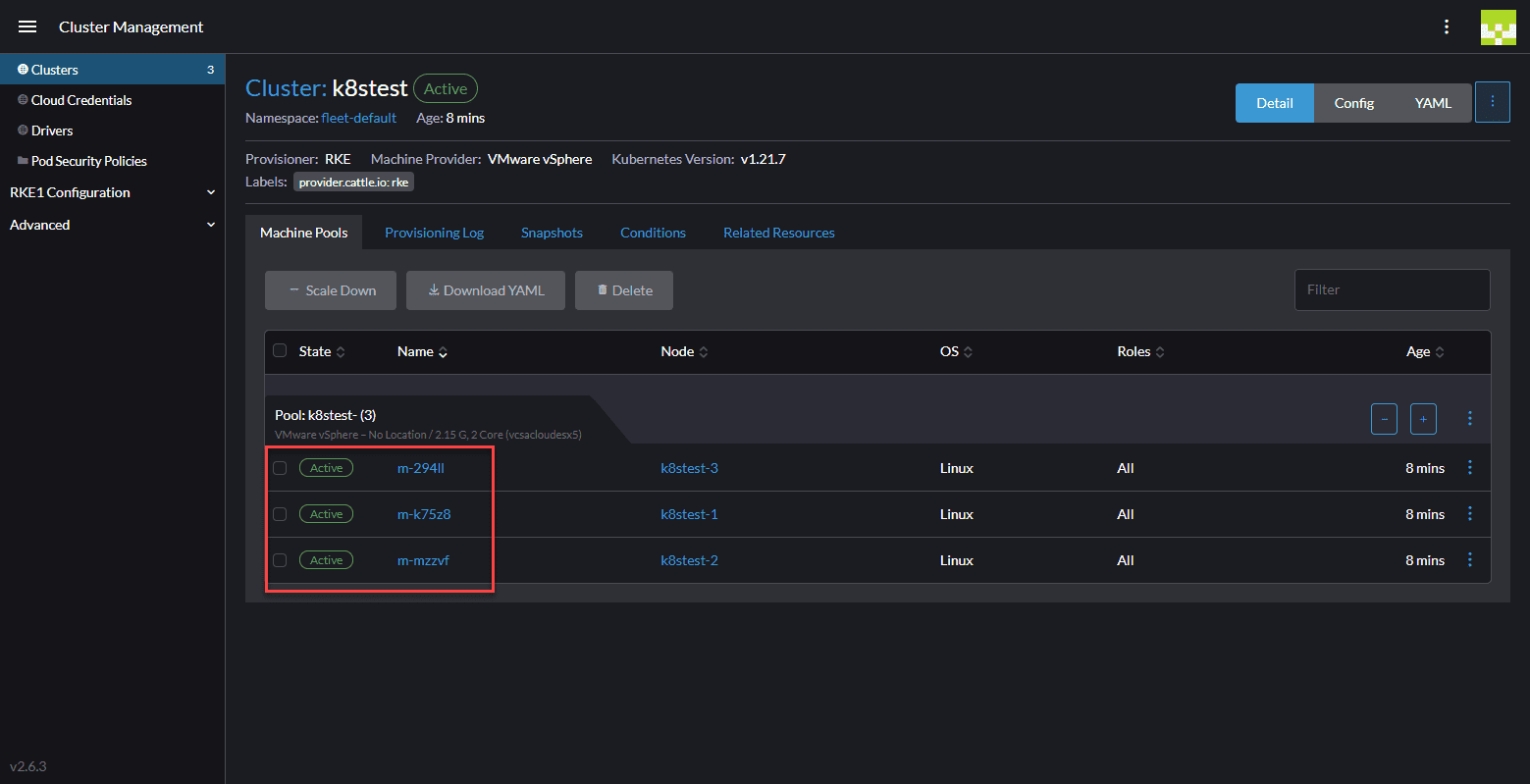 Rancher managed vSphere nodes are provisioned and ready