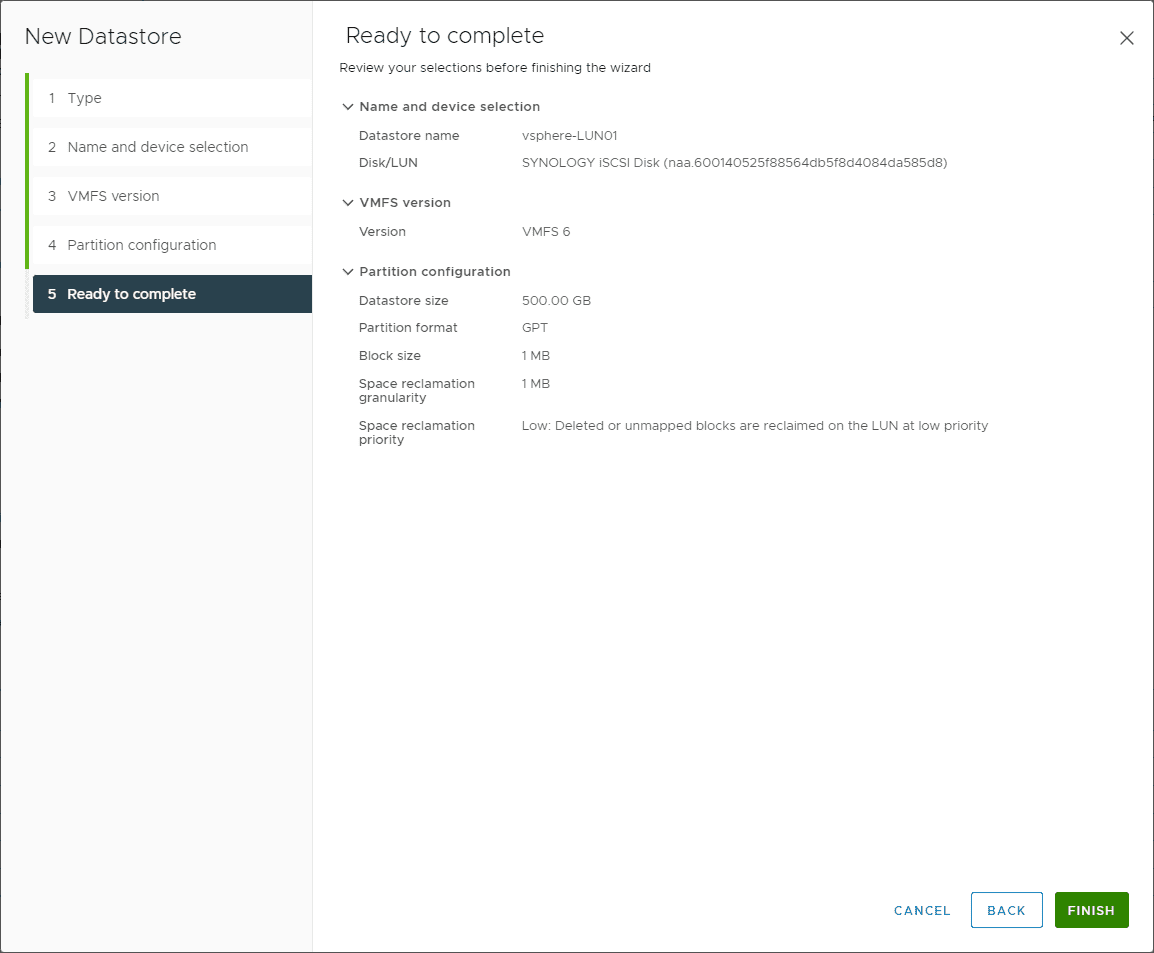 Ready to complete adding the new vSphre datastore