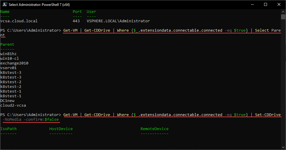 Running the PowerCLI commands to see which VMs are vulnerable to VMSA 2022 0001 and remove CD ROMs