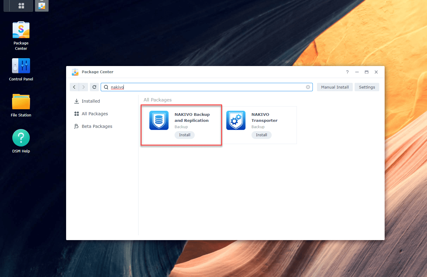 Search for and install the NAKIVO Backup and Replication app from the Synology Package Manager