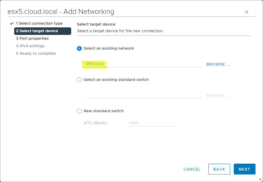 Select a target device for the VMkernel port