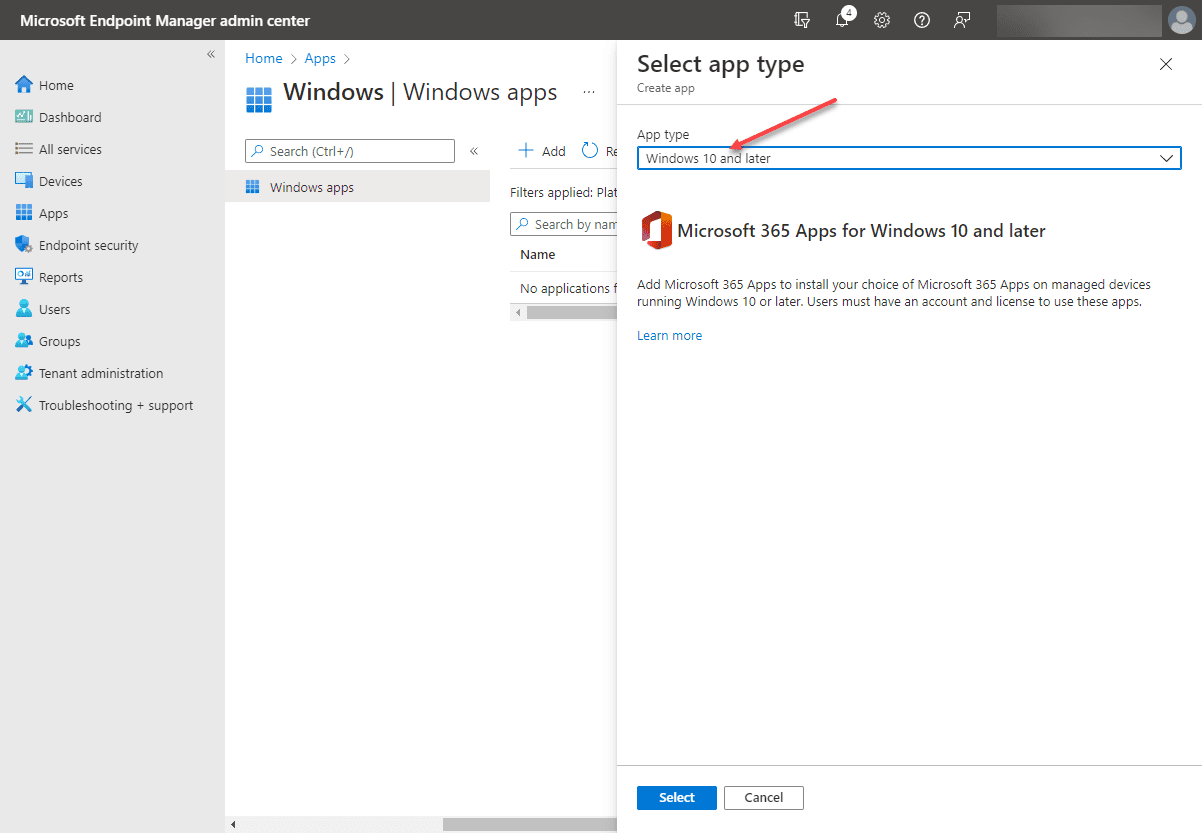 Selecting Mcirosoft 365 apps for Windows 10 and later