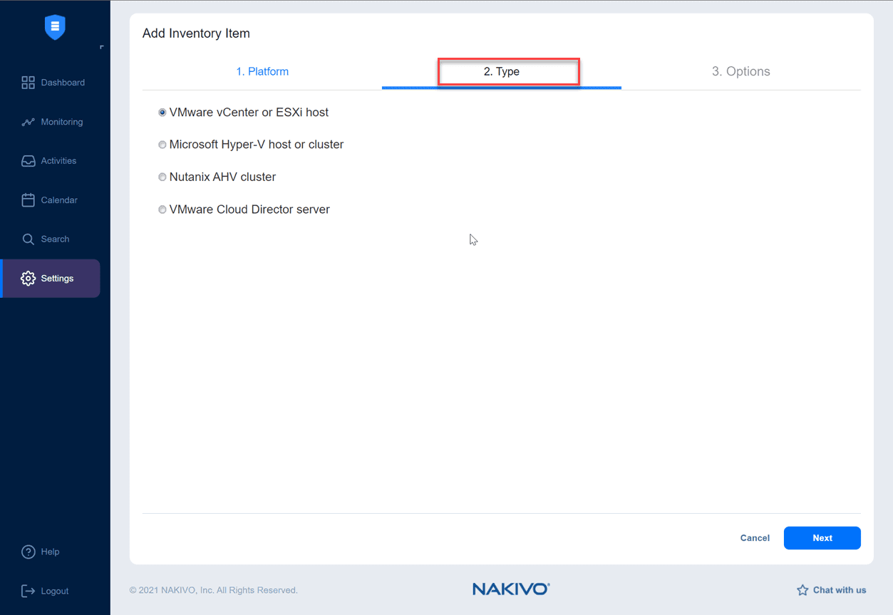 Selecting the type of virtual environment to backup