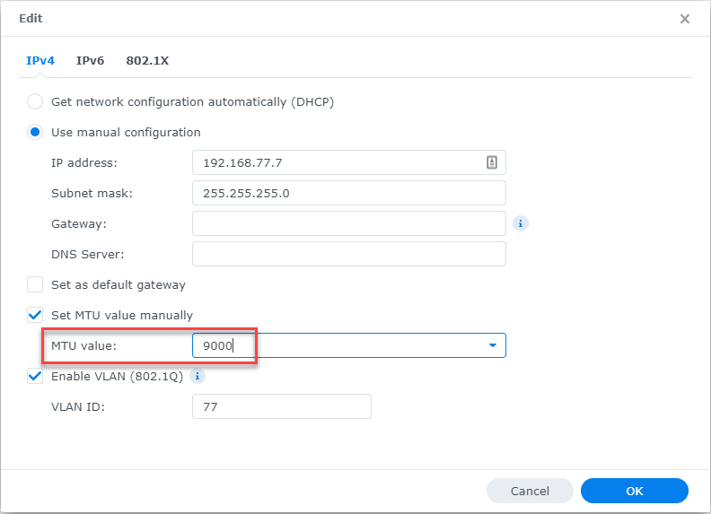 Set the jumbo frames MTU on the interface