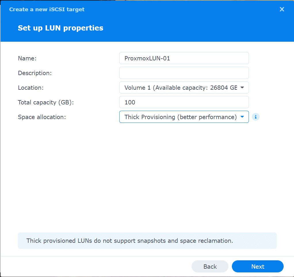 Set up LUN properties for the new LUN