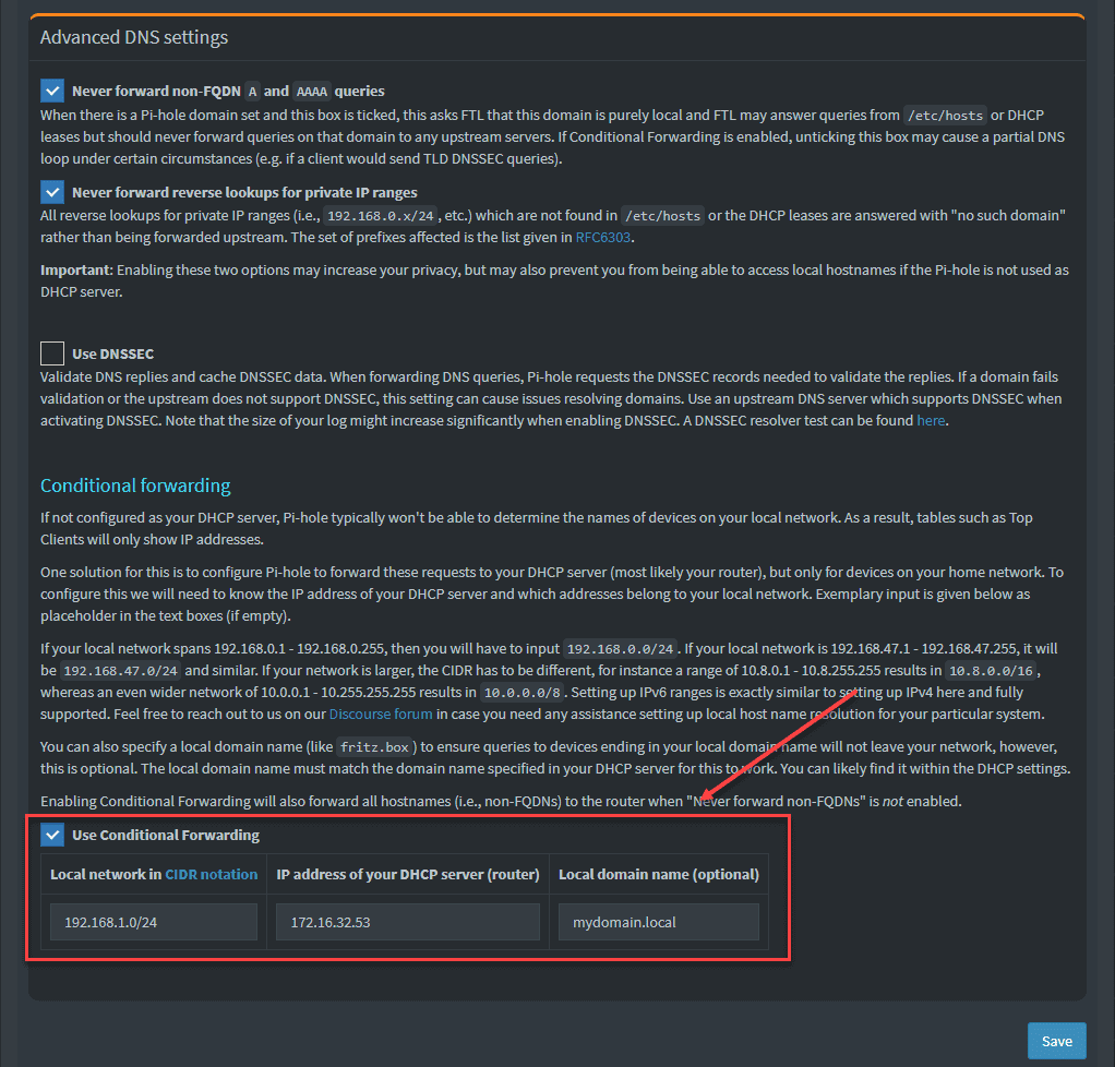 Setting a conditional forwarder under the Advanced DNS settings in Pi hole