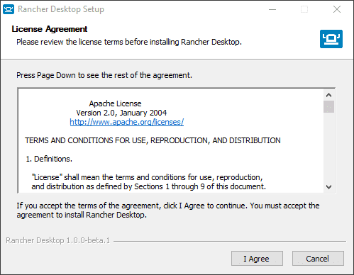 Starting the Rancher Desktop installation and accepting the EULA