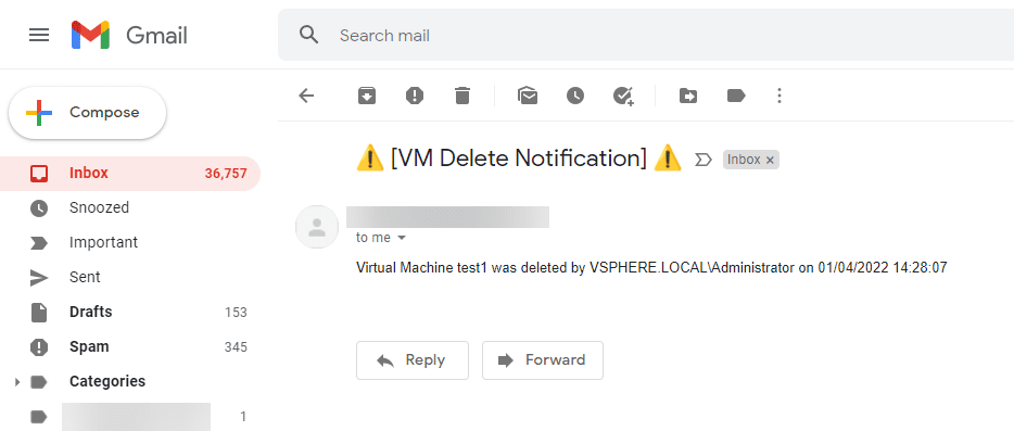 Successful VEBA email notification after deleting a virtual machine from vSphere inventory