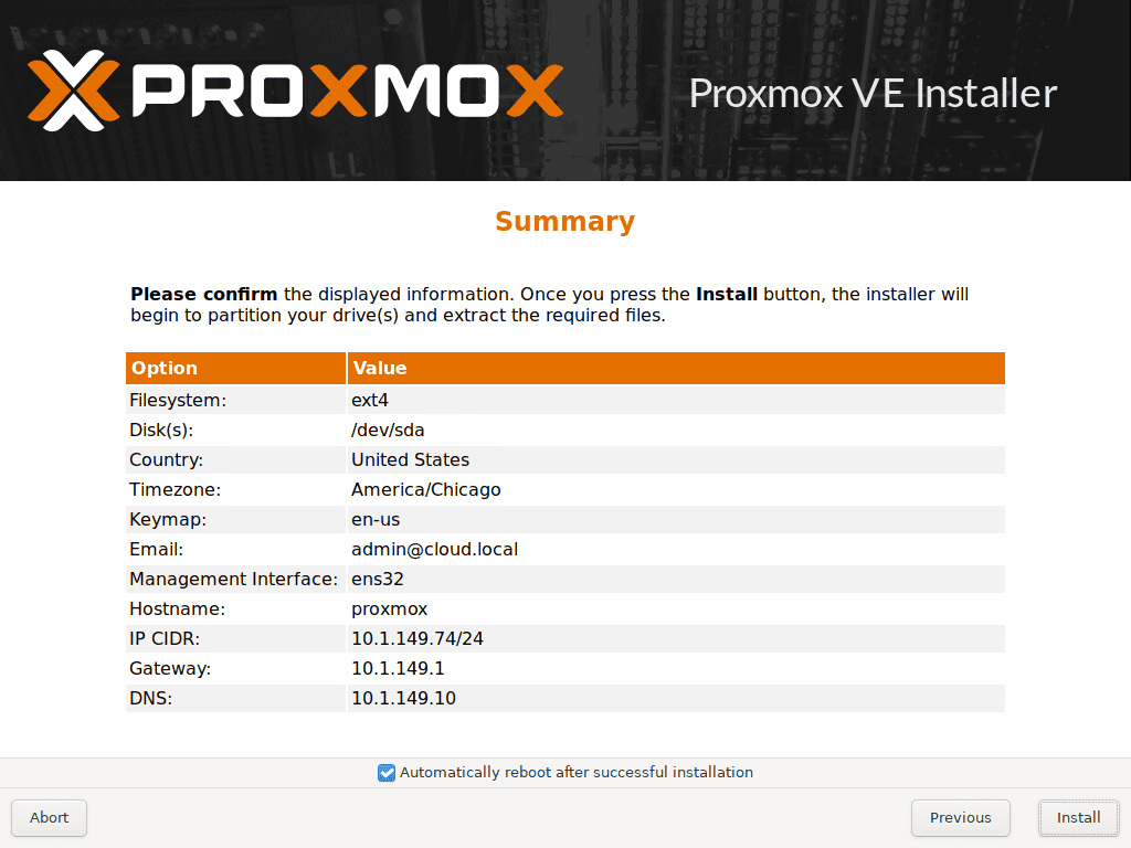 Summary of the Proxmox VE 7.1 installation