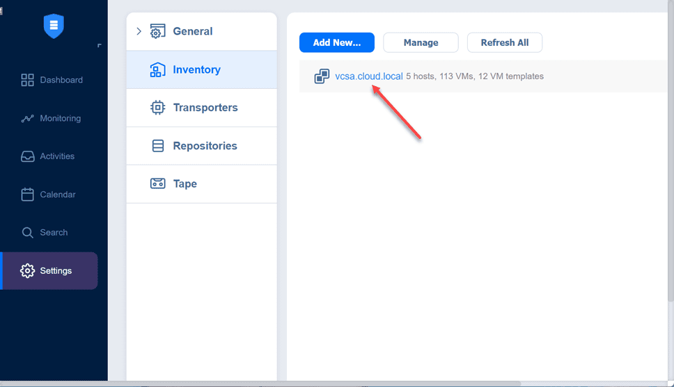 Target virtual environment successfully added to the NAKIVO instance running on Synology