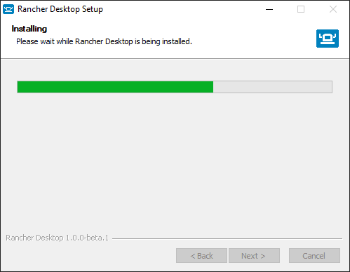 The Rancher Desktop installation progresses