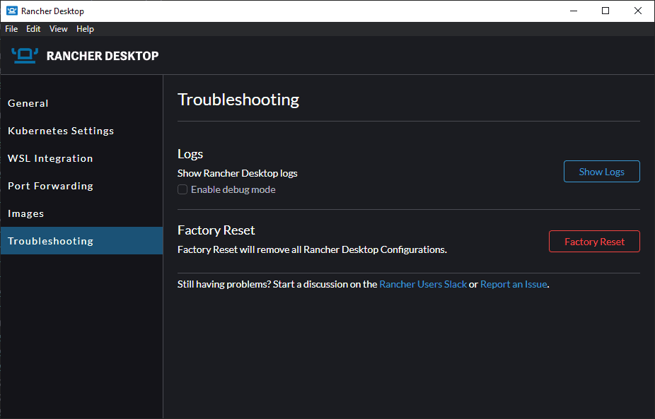 The Rancher Desktop troubleshooting screen
