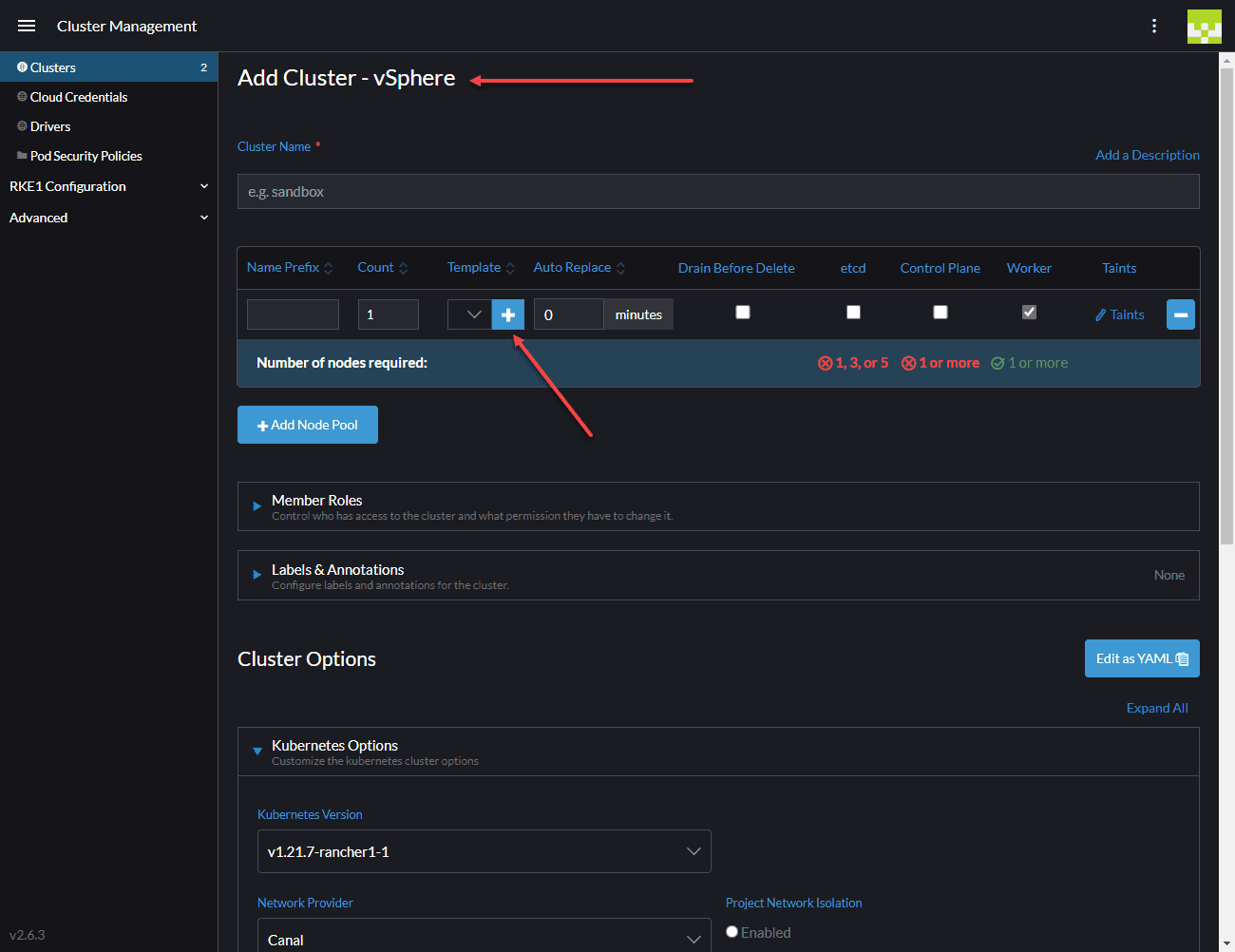 The add cluster screen in Rancher including the node template button