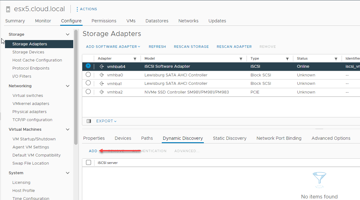 Using Dynamic Discover to add the iSCSI LUN