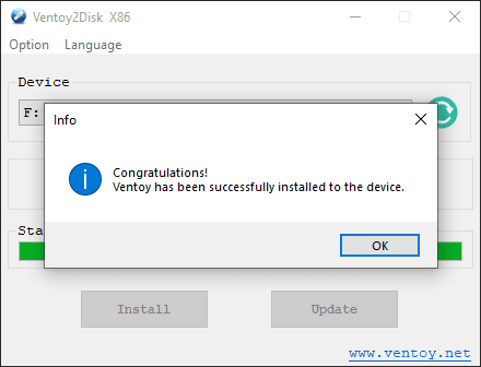 Ventoy is successfully installed on the USB key