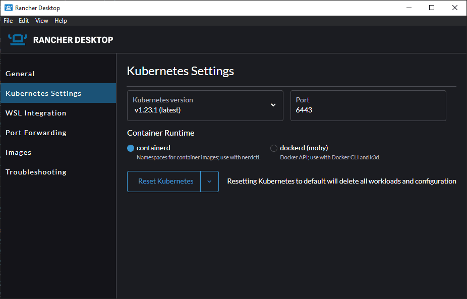 Viewing the Kubernetes settings screen