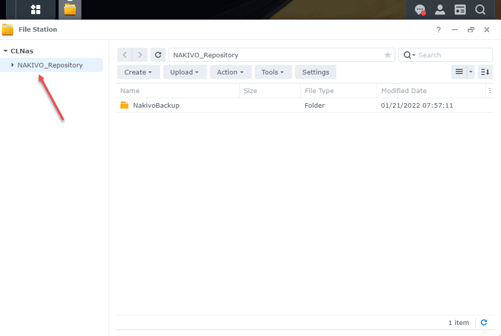Viewing the NAKIVO repository in the file structure of the Synology NAS