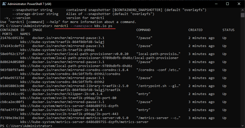 Viewing the k8s.io namespace with nerdctl