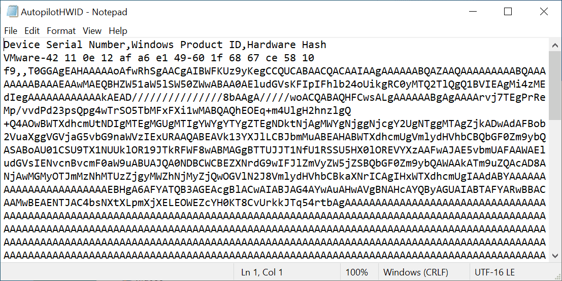 Viewing the resulting CSV file for staging the Autopilot machine